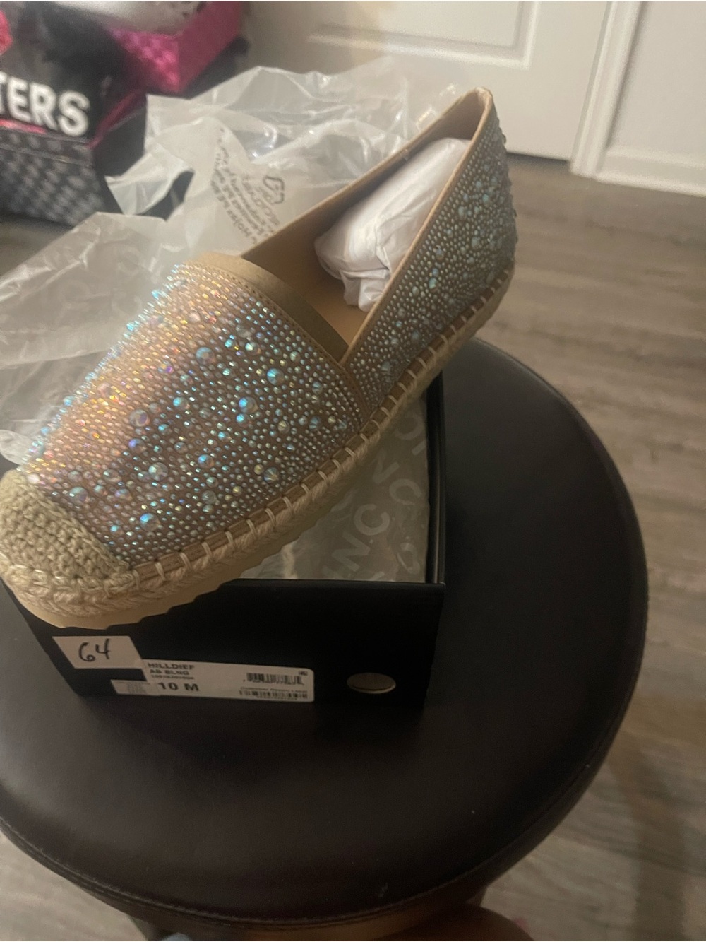 Embellished Tan Espadrille Slip-On with Iridescent Crystals. New and never worn!